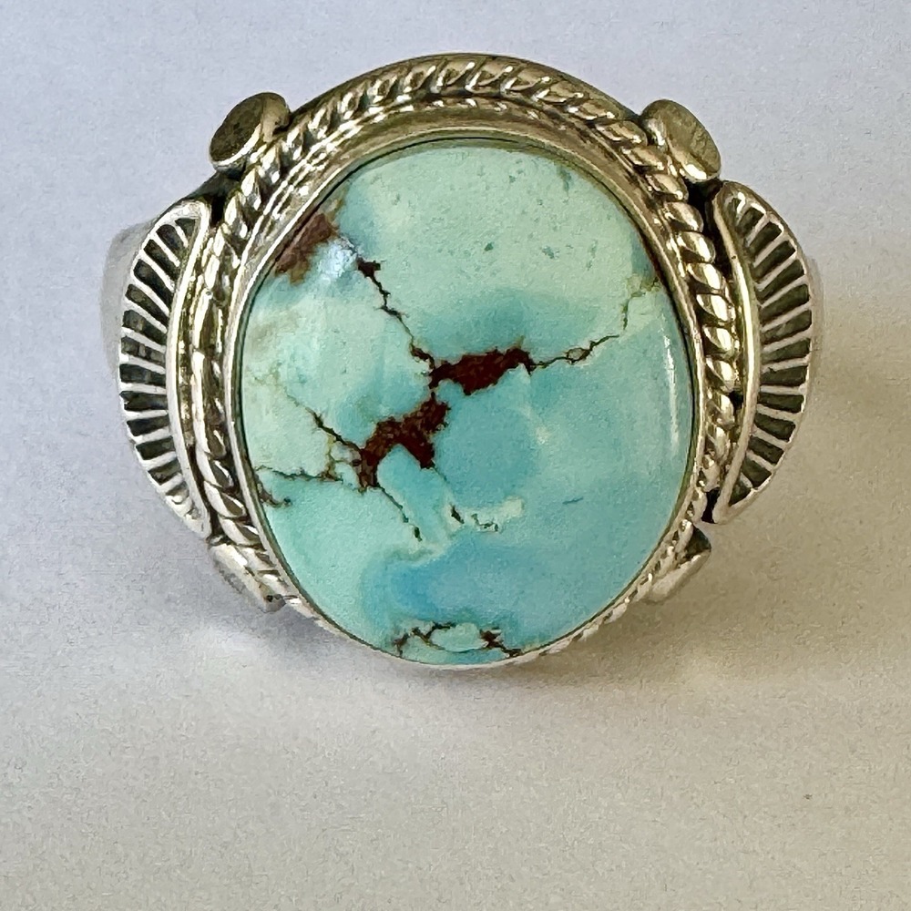 Navajo Blue Turquoise Ring Golden Hills Sz 13.5 Mens Signed Tsosoie Native Amer - Picture 6 of 12